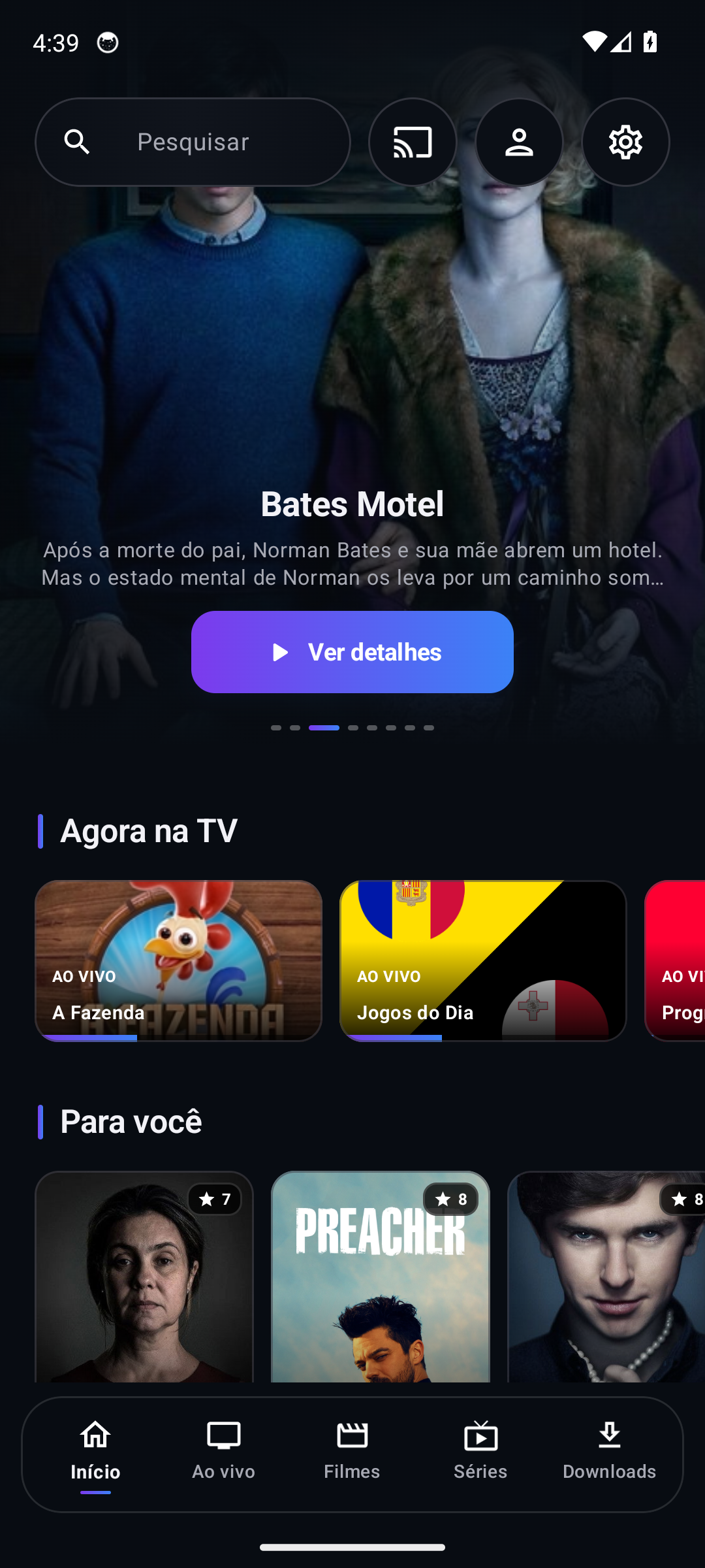 Tela inicial do PoggStream no celular